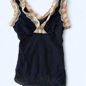Ann Ferriday Lace-Trim Black Tank Top with Cream Crochet
